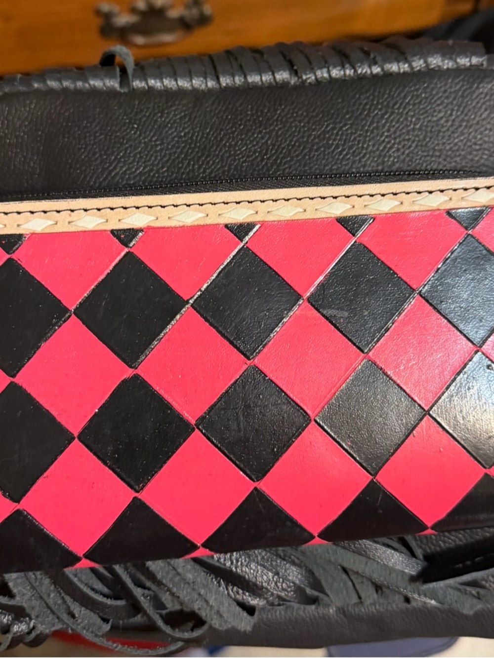 Red and Black Diamond-Pattern Leather Wristlet Clutch